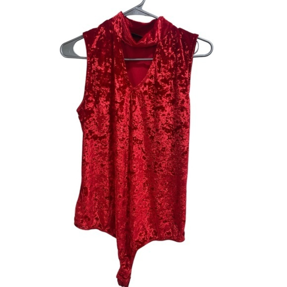 7th Avenue Crushed Velvet‎ Bodysuit Mock Neck Sleeveless Top Red Size Medium